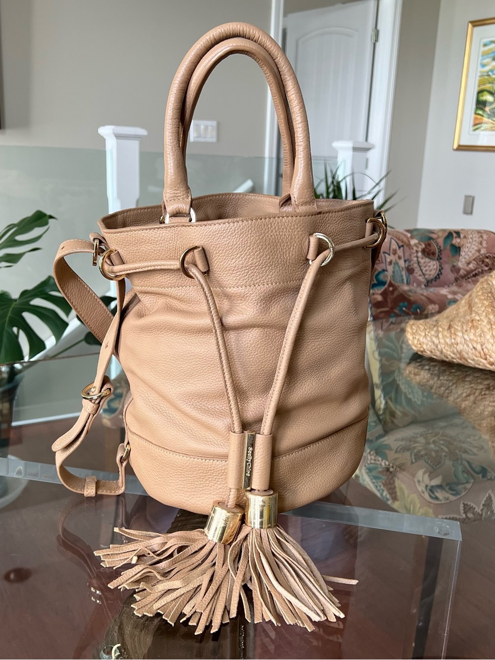 See by Chloe Vicky Leather Drawstring Bucket Bag in Tan